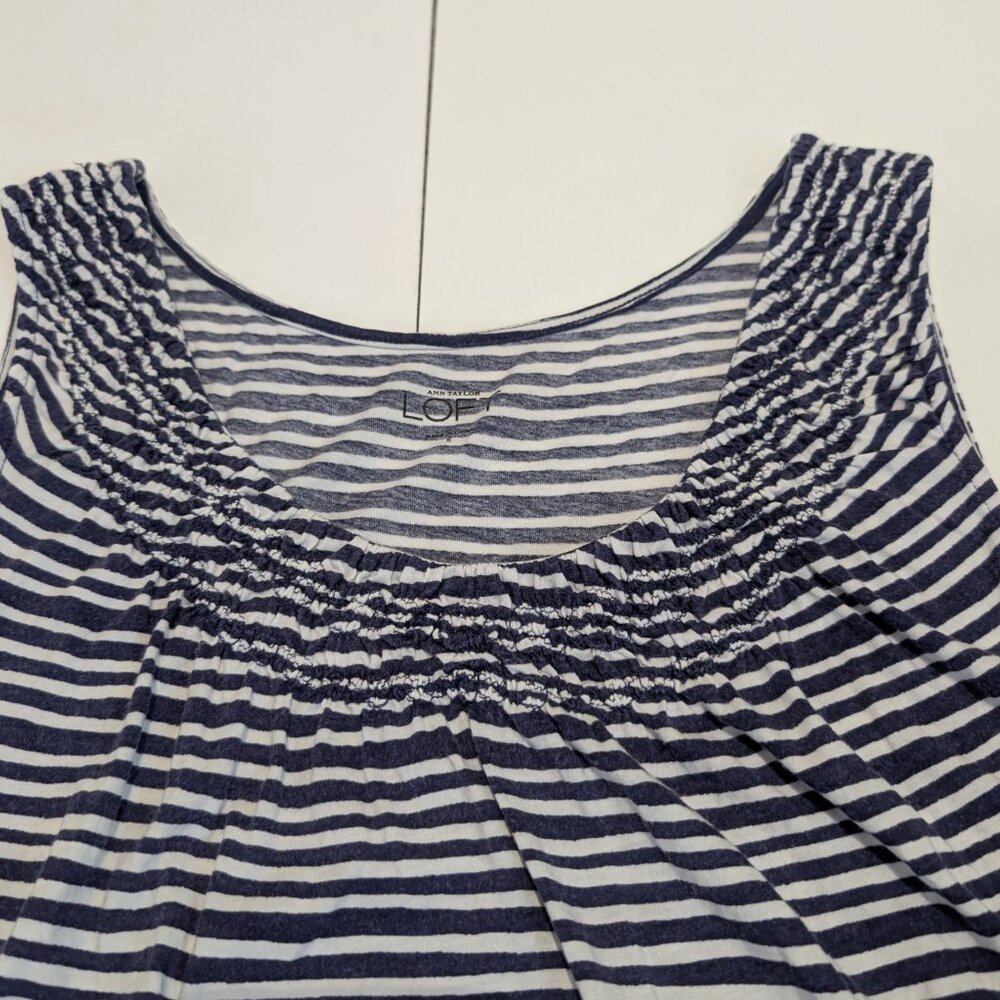 Ann Taylor Loft blue & white stripped sleeveless shirt with smocked neckline, - Picture 3 of 11